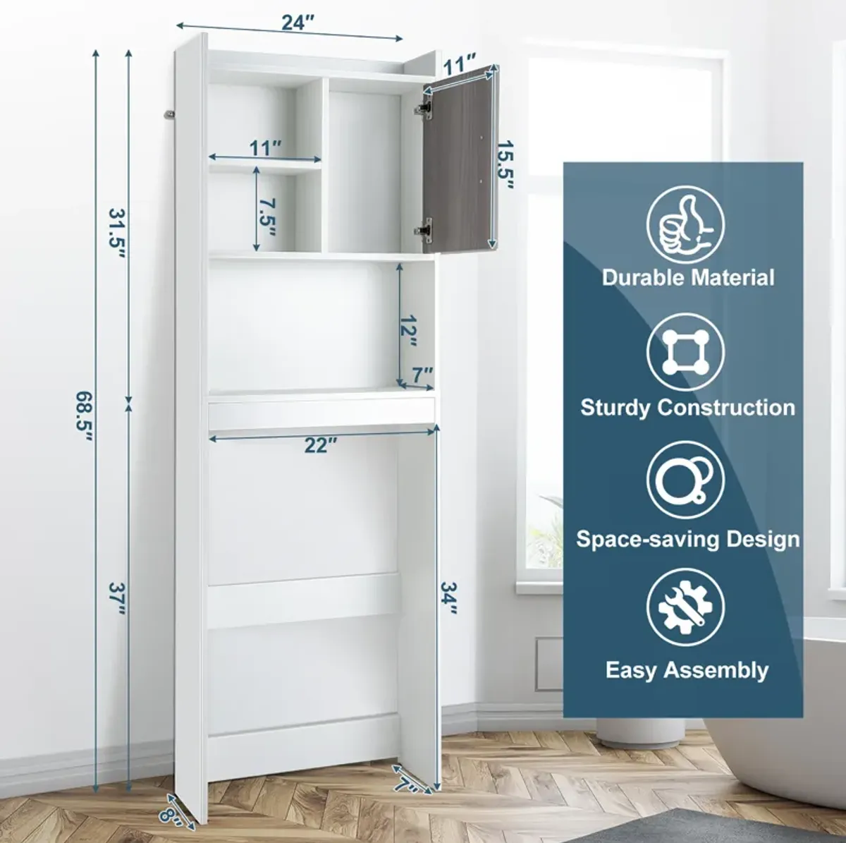 Costway Over The Toilet Storage Cabinet Bathroom Space Saver w/ Open Shelves & Door