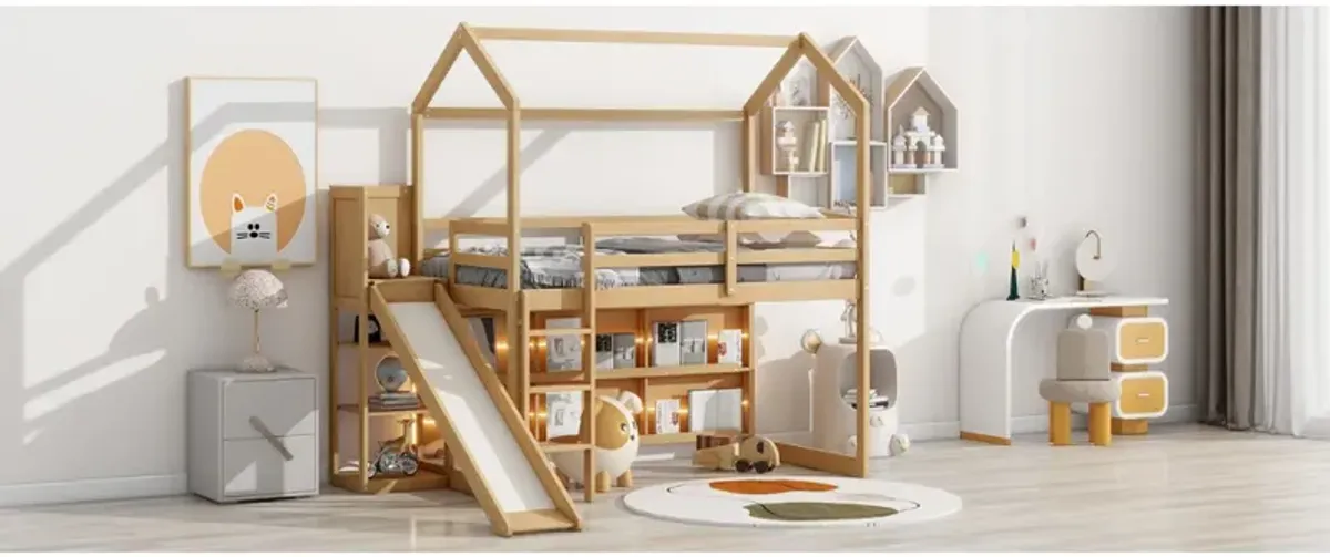 Twin Size Wood House Loft Bed With Slide, Storage Shelves And Light, Climbing Ramp