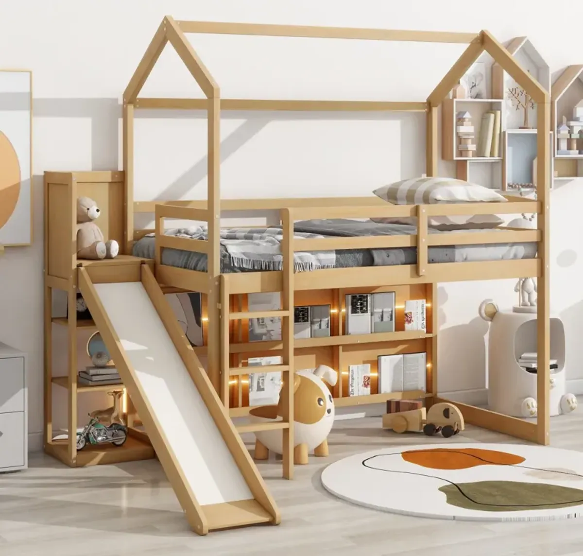 Twin Size Wood House Loft Bed With Slide, Storage Shelves And Light, Climbing Ramp