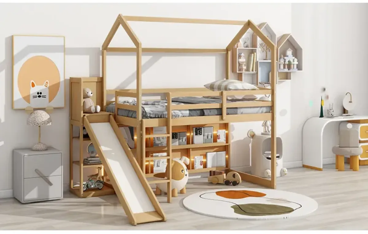 Twin Size Wood House Loft Bed With Slide, Storage Shelves And Light, Climbing Ramp