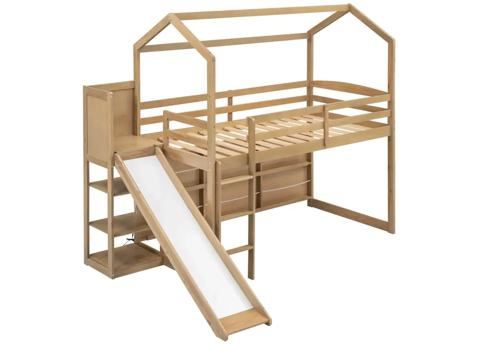 Twin Size Wood House Loft Bed With Slide, Storage Shelves And Light, Climbing Ramp