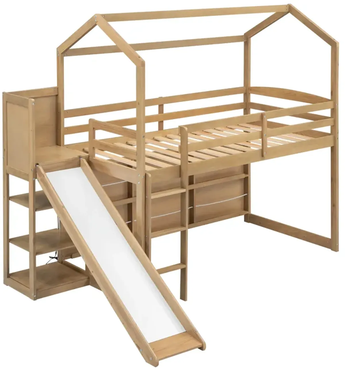 Twin Size Wood House Loft Bed With Slide, Storage Shelves And Light, Climbing Ramp