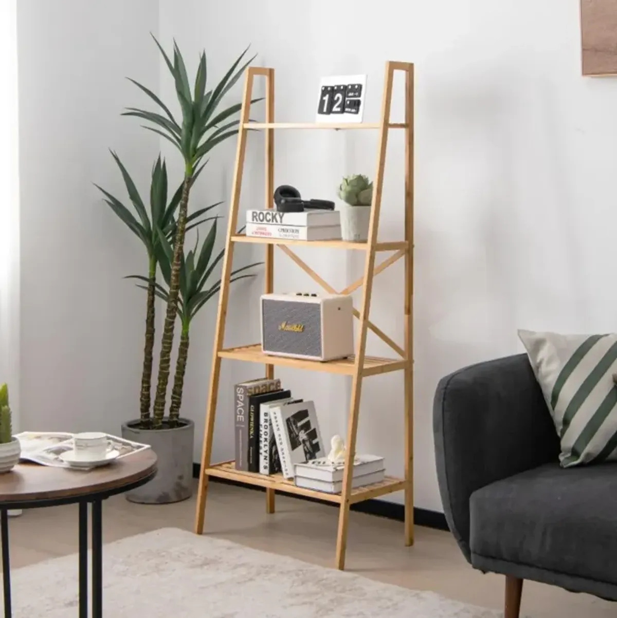 Hivvago 58 Inch 4-Tier Bamboo Ladder Bookshelf