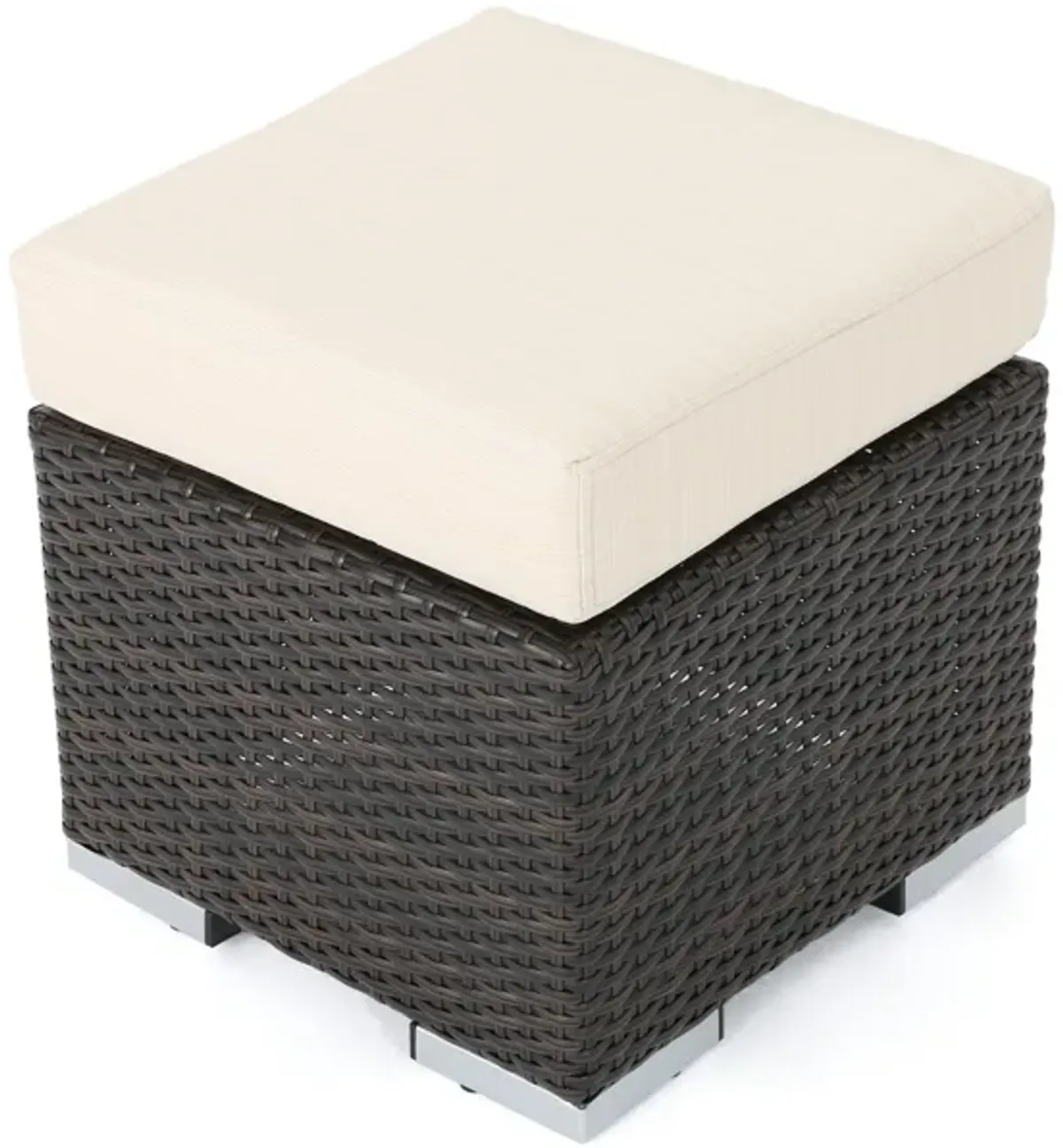 Sanie Ottoman, Beige Waterproof Seat, Brown Outdoor Rattan Wicker, 16 Inch