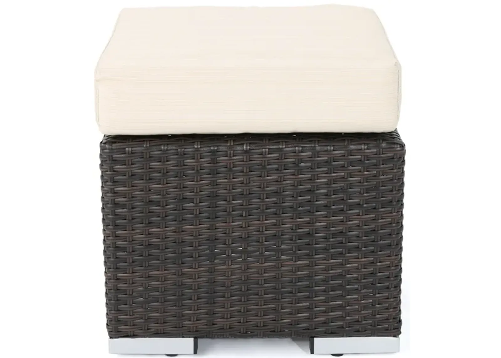 Sanie Ottoman, Beige Waterproof Seat, Brown Outdoor Rattan Wicker, 16 Inch