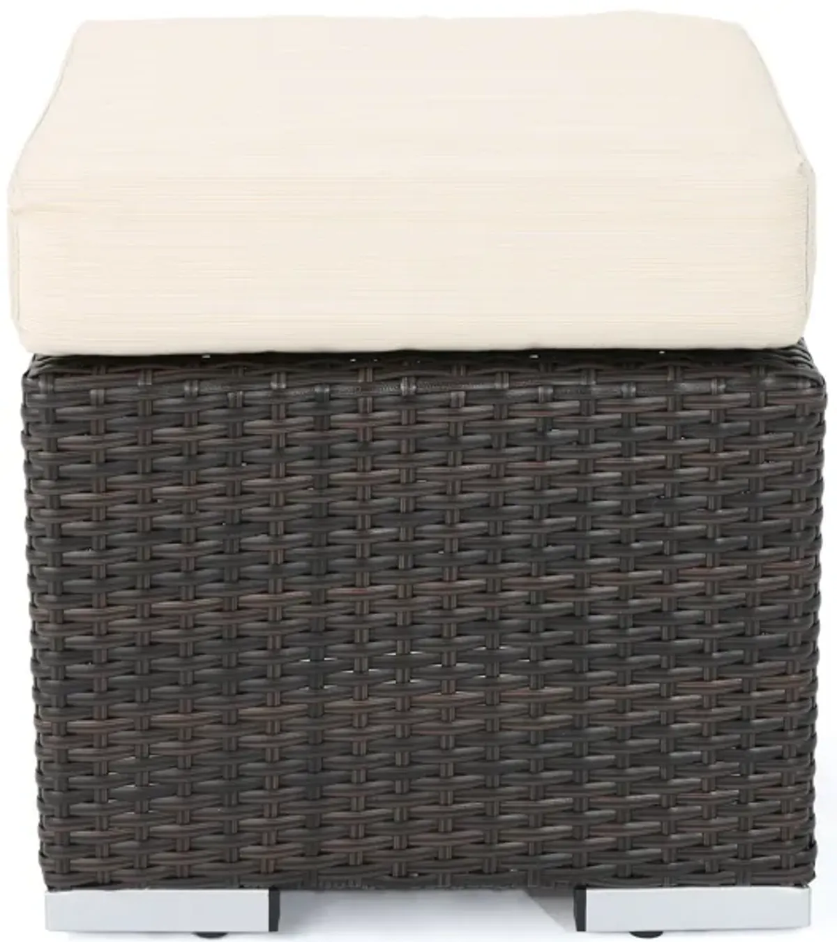 Sanie Ottoman, Beige Waterproof Seat, Brown Outdoor Rattan Wicker, 16 Inch