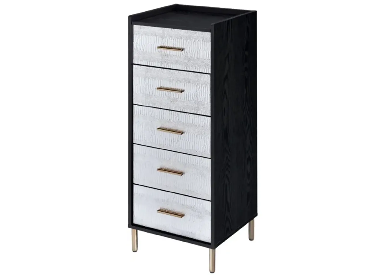 San 45 Inch 5 Drawer Jewelry Storage Chest, Gold Legs, Black and Silver-Benzara