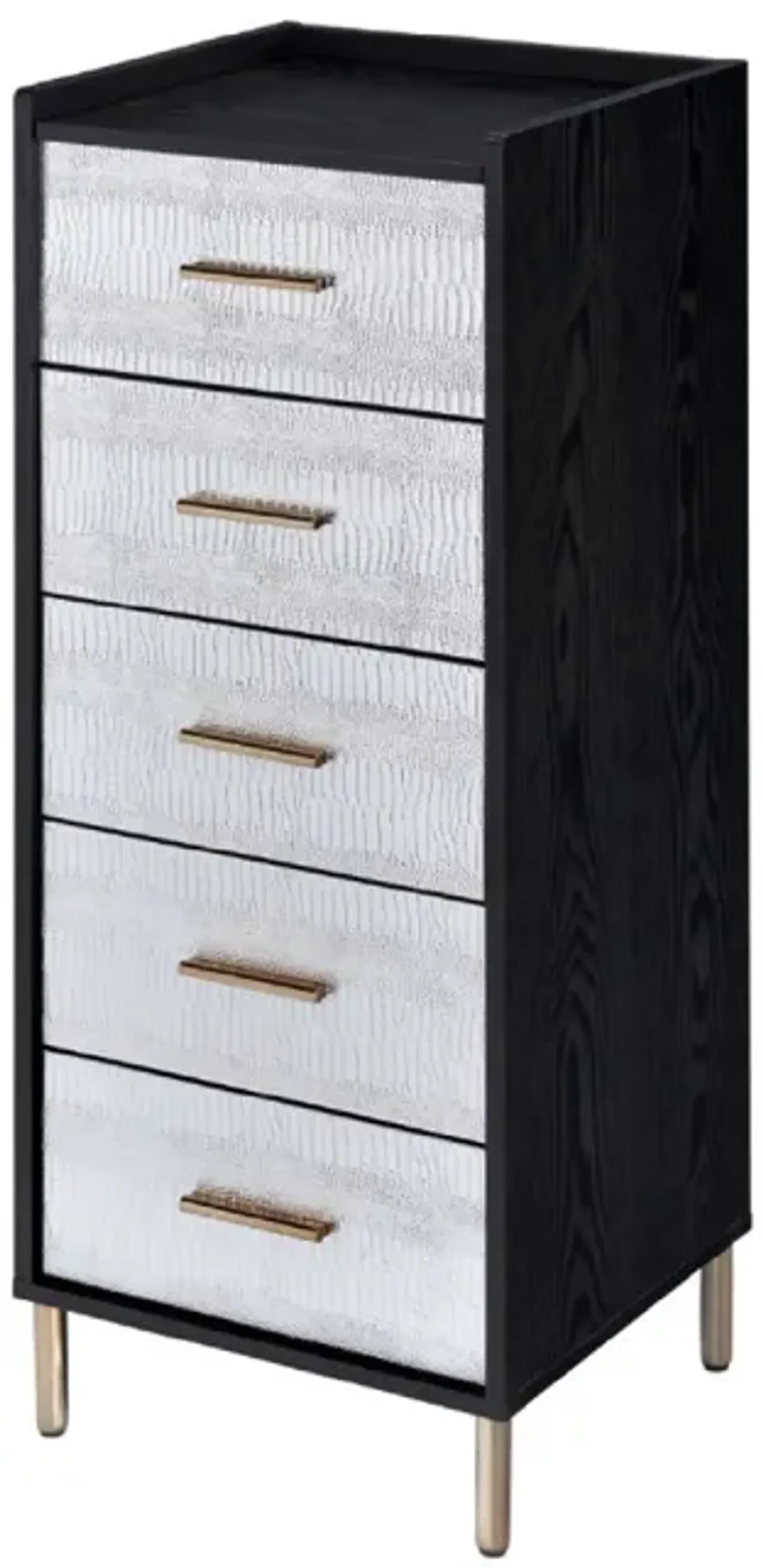 San 45 Inch 5 Drawer Jewelry Storage Chest, Gold Legs, Black and Silver-Benzara