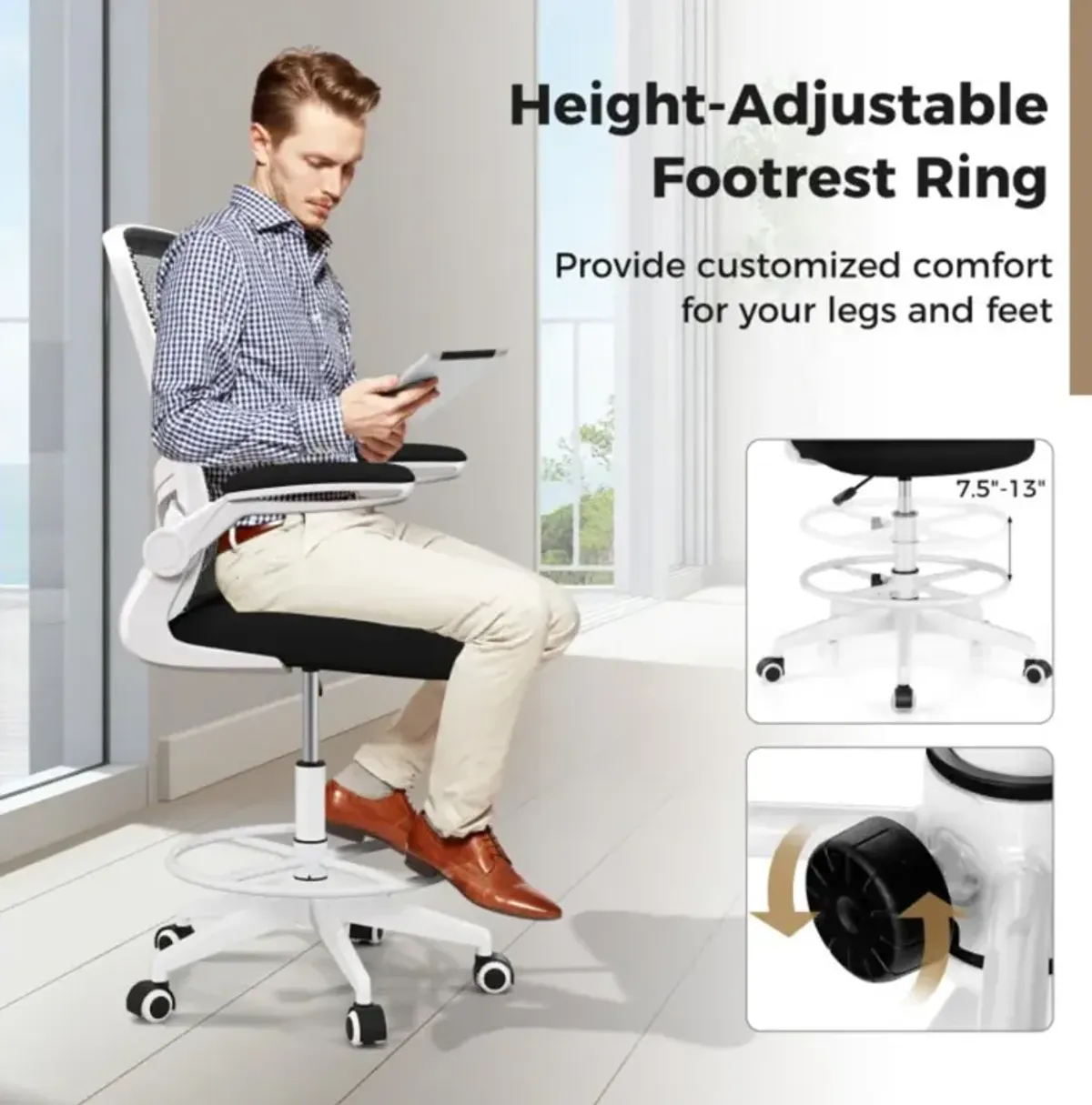 Hivvago Height Adjustable Drafting Chair with Flip Up Arms