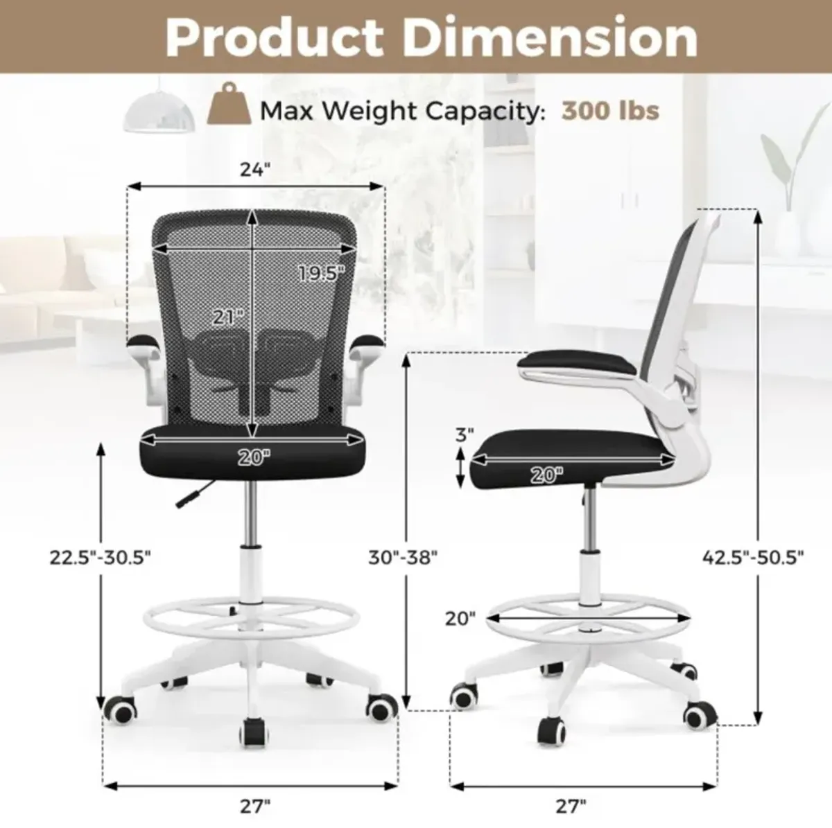 Hivvago Height Adjustable Drafting Chair with Flip Up Arms