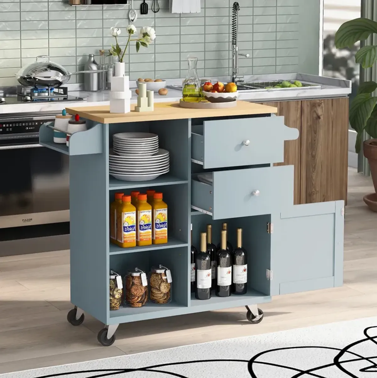 Merax Kitchen Island with Drop Leaf, LED Light Kitchen Cart on Wheels with 2 Fluted Glass Doors and 1 Flip Cabinet Door