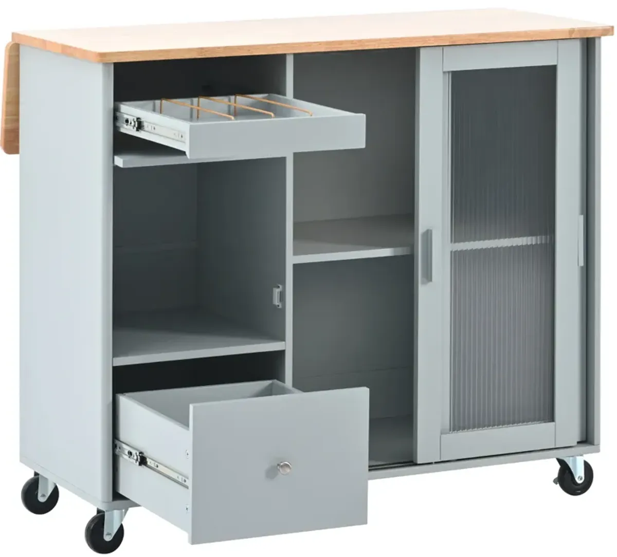 Merax Kitchen Island with Drop Leaf, LED Light Kitchen Cart on Wheels with 2 Fluted Glass Doors and 1 Flip Cabinet Door