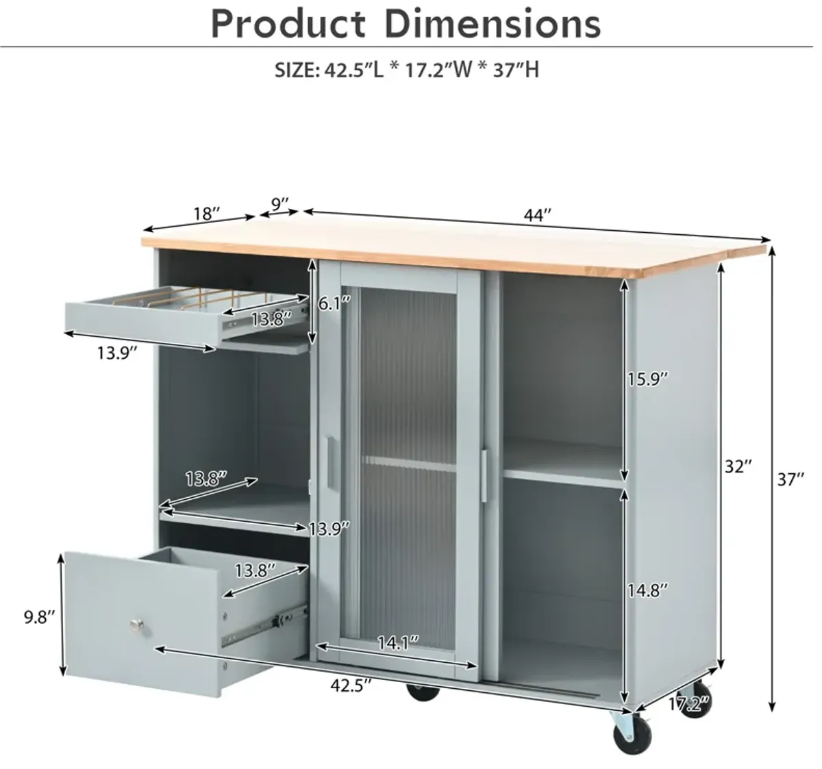 Merax Kitchen Island with Drop Leaf, LED Light Kitchen Cart on Wheels with 2 Fluted Glass Doors and 1 Flip Cabinet Door