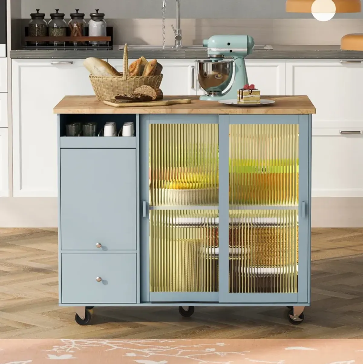 Merax Kitchen Island with Drop Leaf, LED Light Kitchen Cart on Wheels with 2 Fluted Glass Doors and 1 Flip Cabinet Door