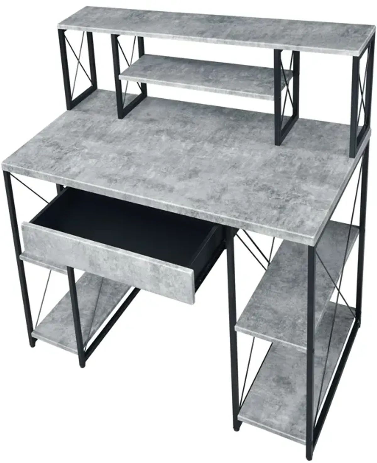 Metal Desk with 4 Open Bottom Shelves and Bookcase Hutch, Gray and Black-Benzara