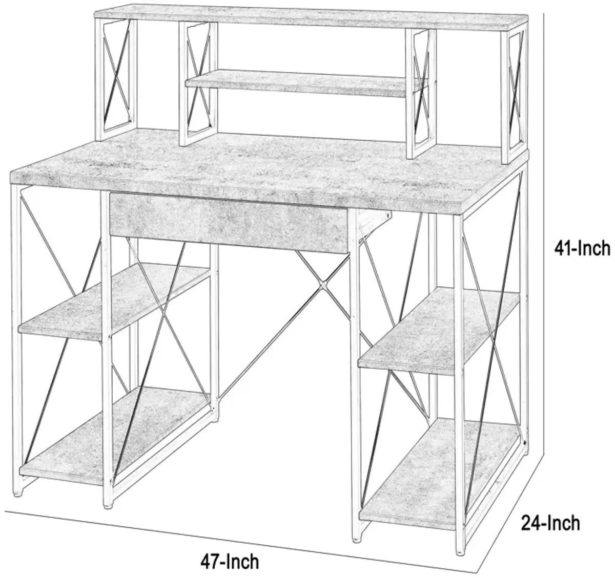 Metal Desk with 4 Open Bottom Shelves and Bookcase Hutch, Gray and Black-Benzara