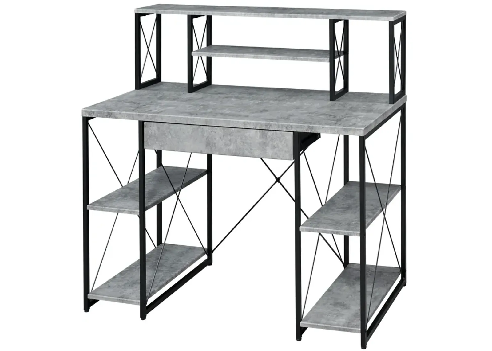 Metal Desk with 4 Open Bottom Shelves and Bookcase Hutch, Gray and Black-Benzara