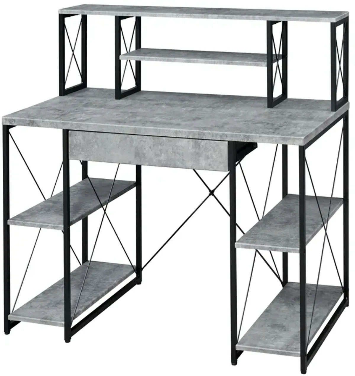 Metal Desk with 4 Open Bottom Shelves and Bookcase Hutch, Gray and Black-Benzara