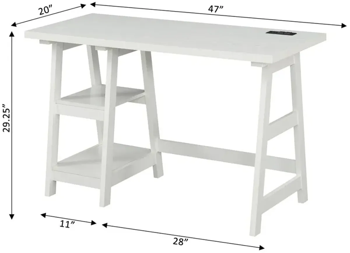 Convenience Concepts Designs2Go Trestle Desk with Charging Station, White