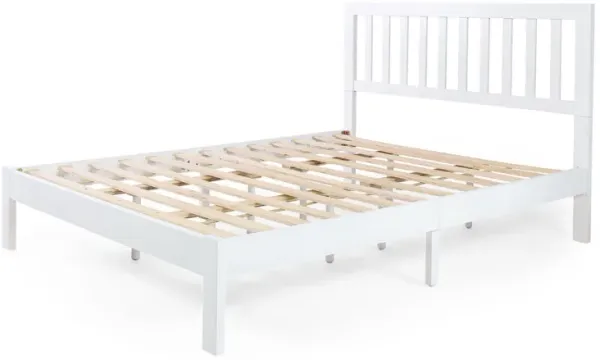 Danie Low Profile Queen Bed, Open Slat Headboard, White Acacia Wood - Benzara