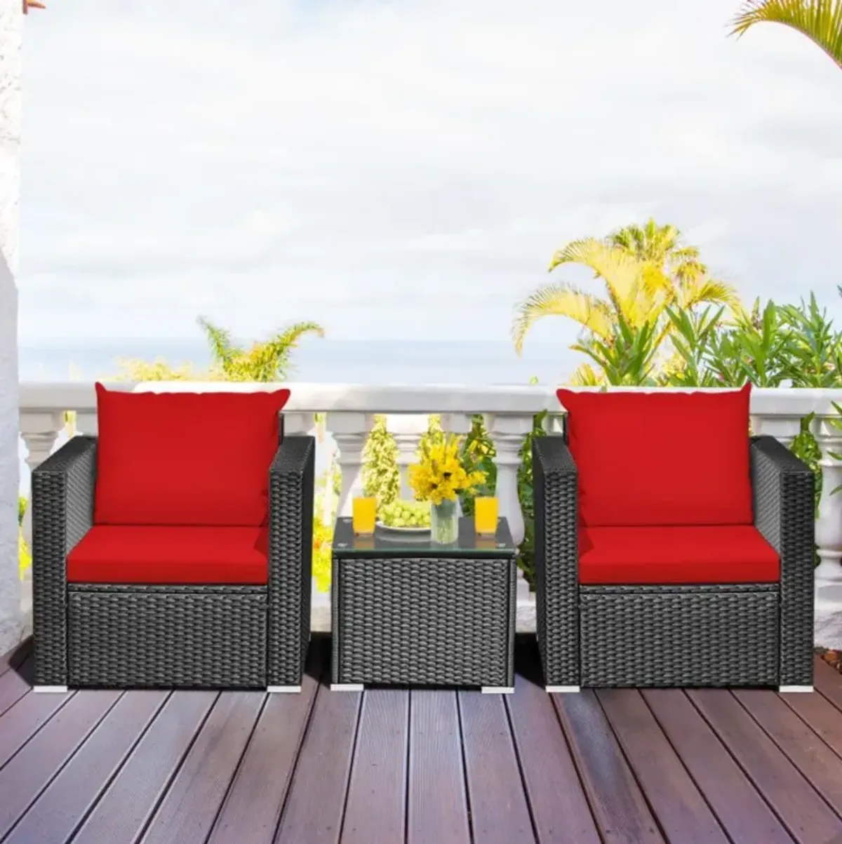 Hivvago 3 Pieces Patio Wicker Conversation Set with Cushion