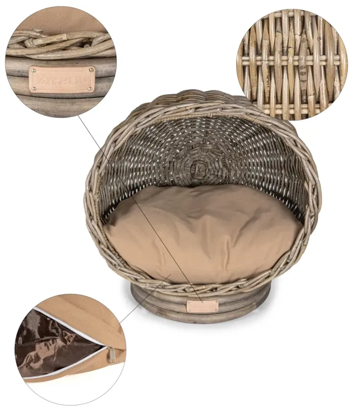 Socket Dome Bohemian Handwoven Rattan Cat Bed with Machine-Washable Cushion