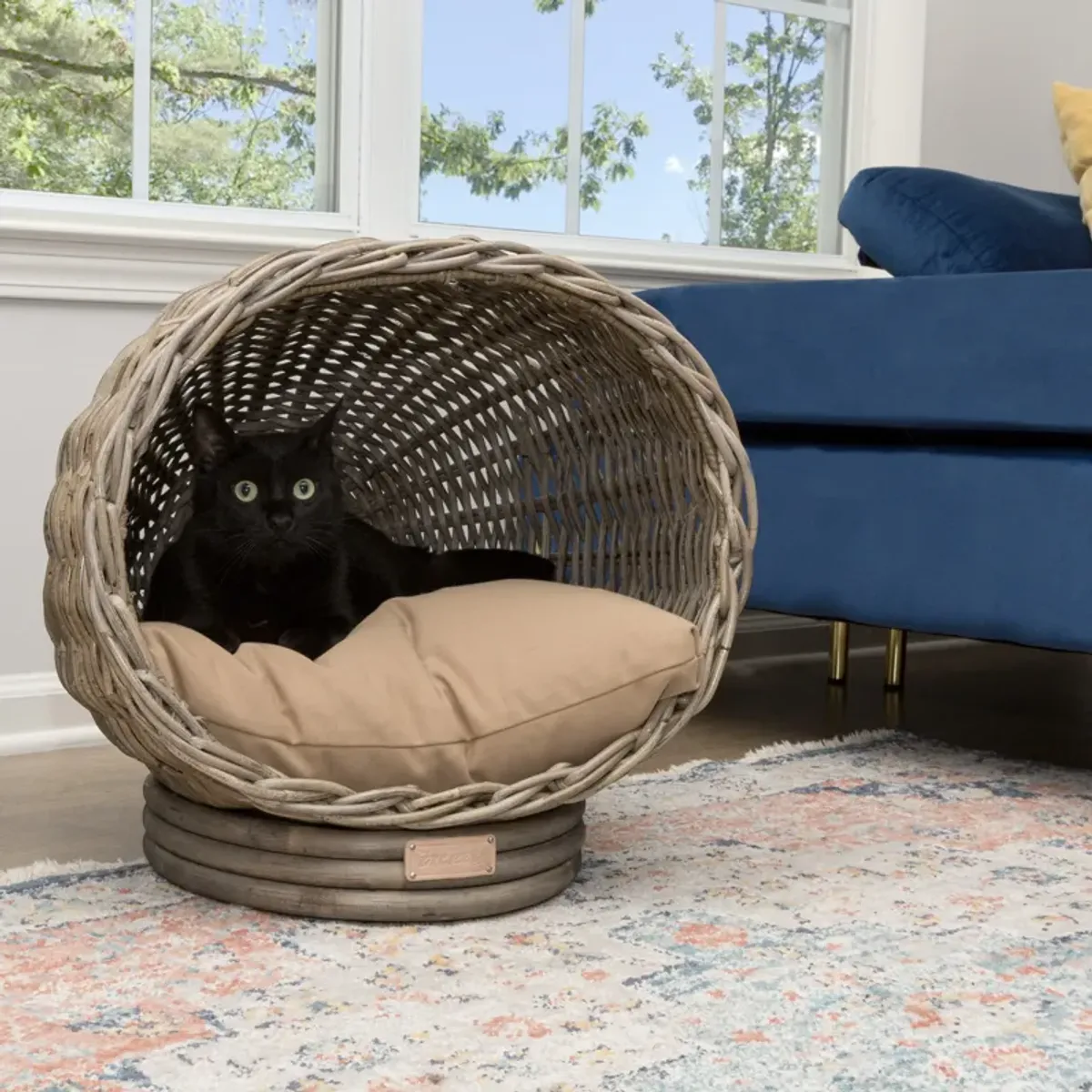 Socket Dome Bohemian Handwoven Rattan Cat Bed with Machine-Washable Cushion