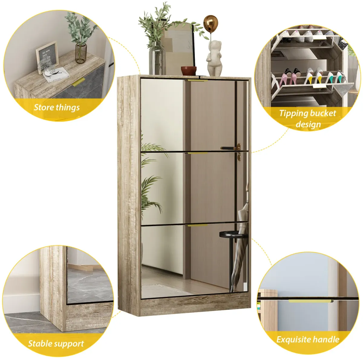 Modern Shoe Storage Cabinet with 3 Drawers & Mirror, Wood 3-Tier Shoe Rack Organizer for Entryway, Bedroom & Hallway (22.4”W x 9.6”D x 42.1”H)