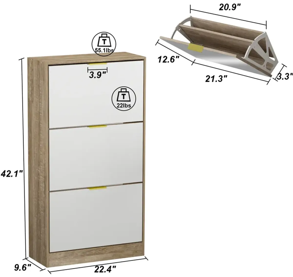 Modern Shoe Storage Cabinet with 3 Drawers & Mirror, Wood 3-Tier Shoe Rack Organizer for Entryway, Bedroom & Hallway (22.4”W x 9.6”D x 42.1”H)