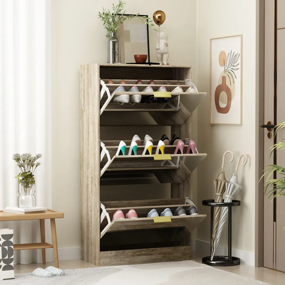 Modern Shoe Storage Cabinet with 3 Drawers & Mirror, Wood 3-Tier Shoe Rack Organizer for Entryway, Bedroom & Hallway (22.4”W x 9.6”D x 42.1”H)