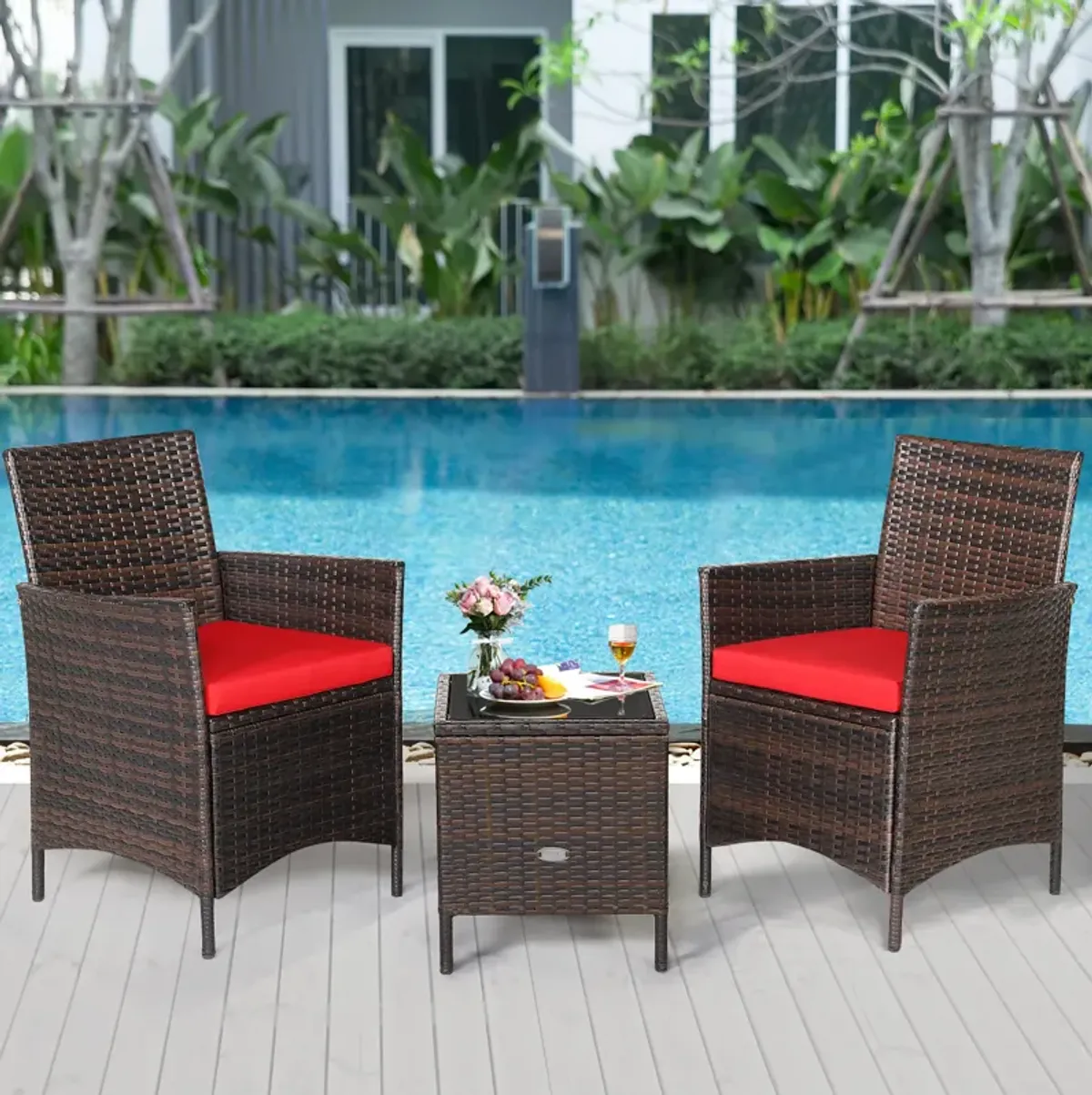 3 Pieces Patio Rattan Furniture Set Cushioned Sofa and Glass Tabletop Deck