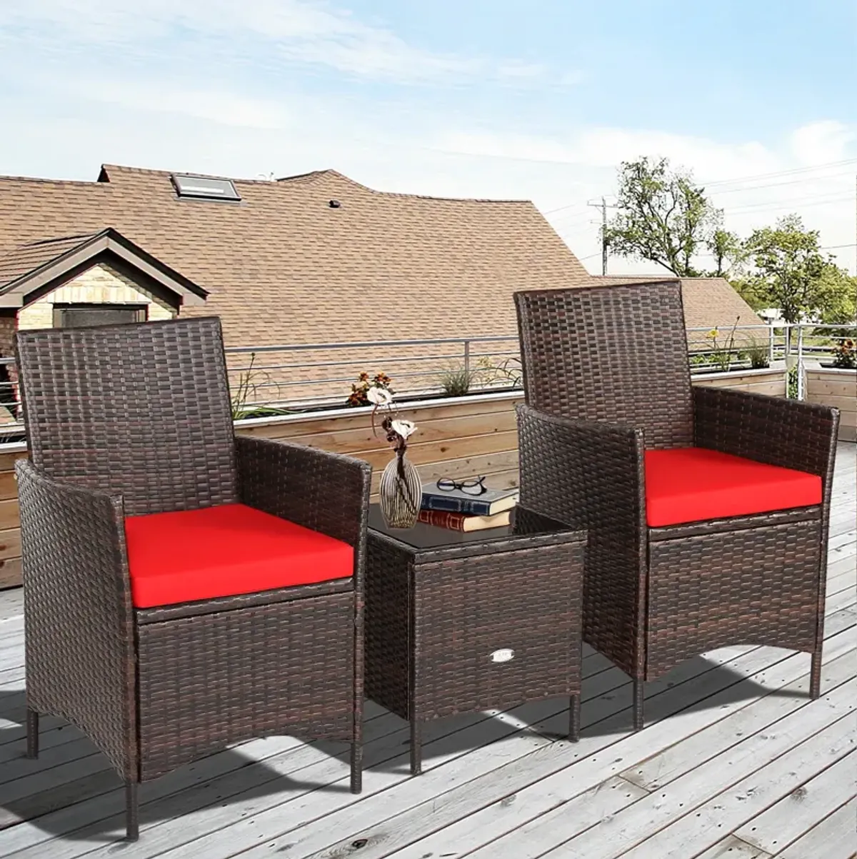 3 Pieces Patio Rattan Furniture Set Cushioned Sofa and Glass Tabletop Deck