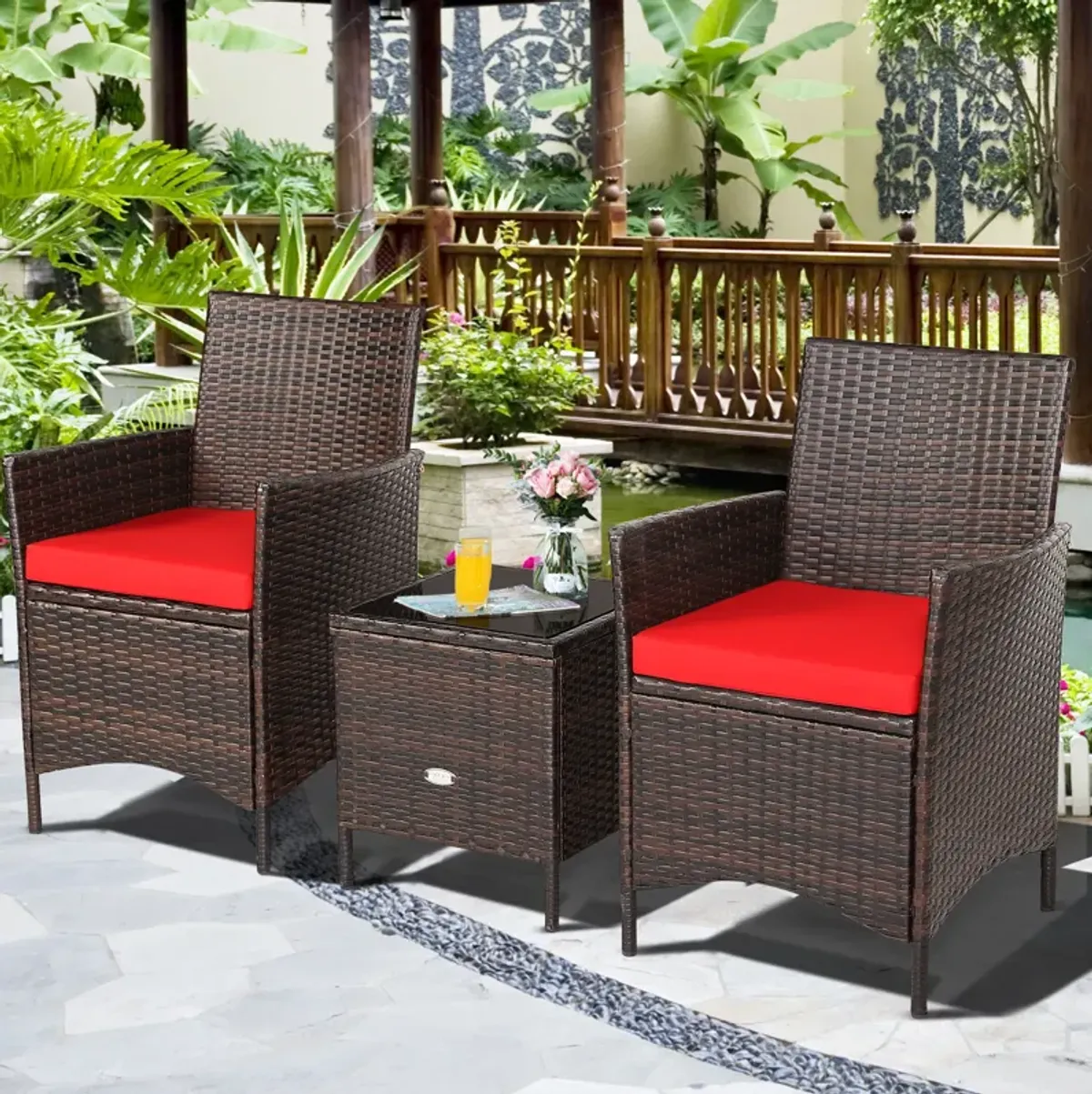 3 Pieces Patio Rattan Furniture Set Cushioned Sofa and Glass Tabletop Deck