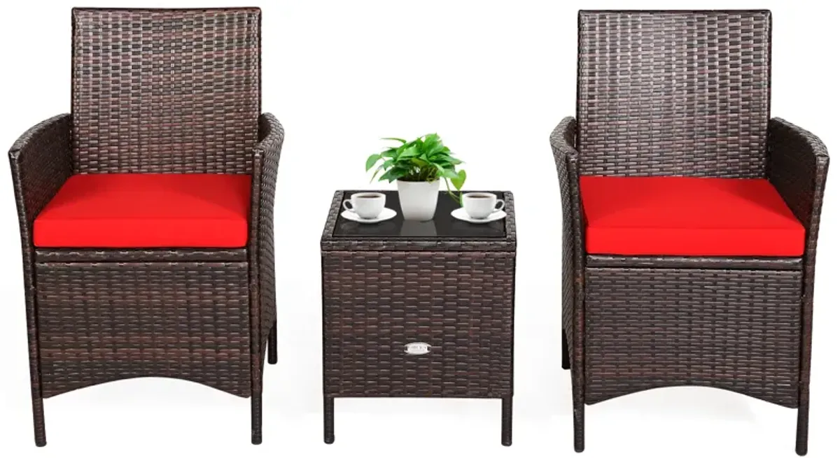 3 Pieces Patio Rattan Furniture Set Cushioned Sofa and Glass Tabletop Deck