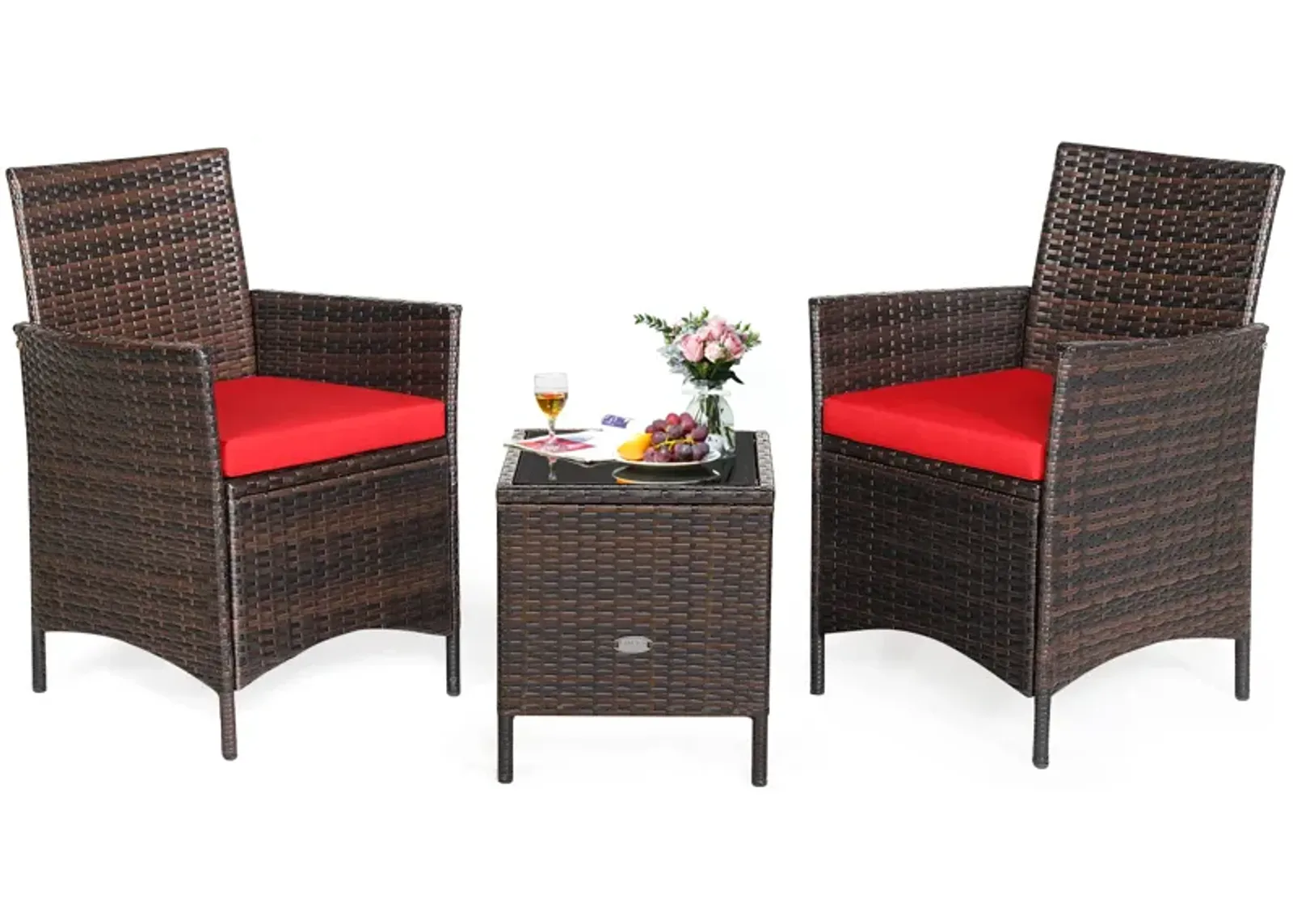 3 Pieces Patio Rattan Furniture Set Cushioned Sofa and Glass Tabletop Deck