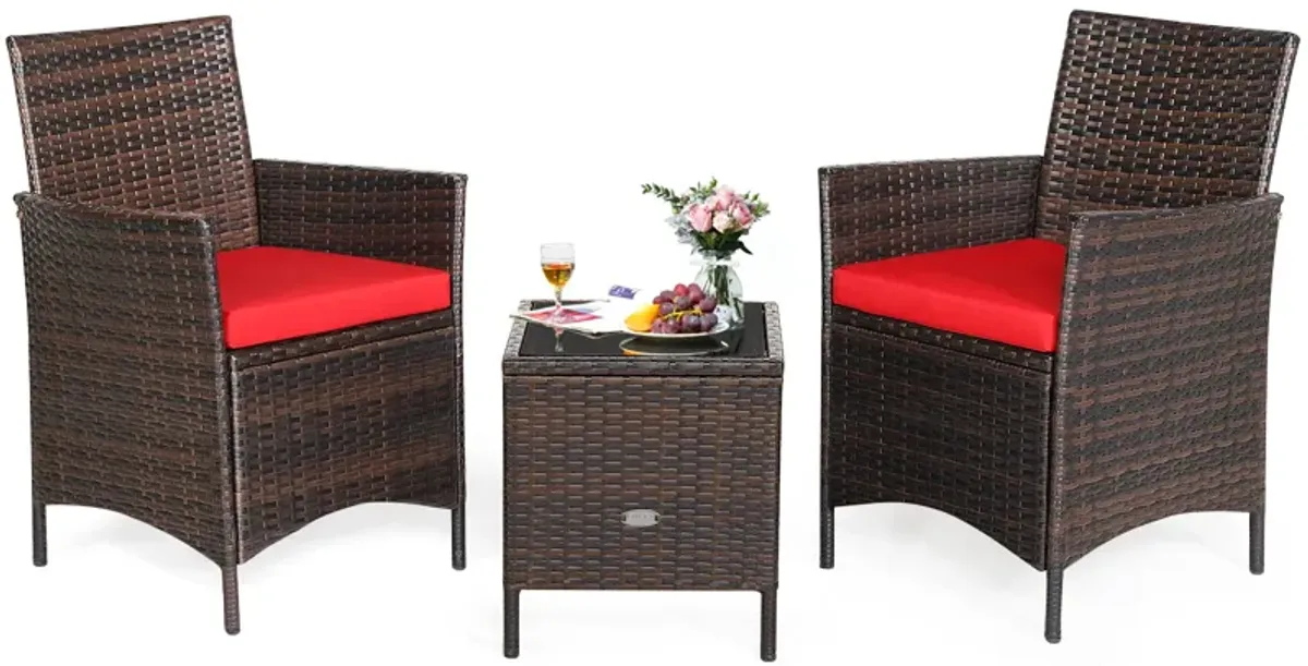 3 Pieces Patio Rattan Furniture Set Cushioned Sofa and Glass Tabletop Deck