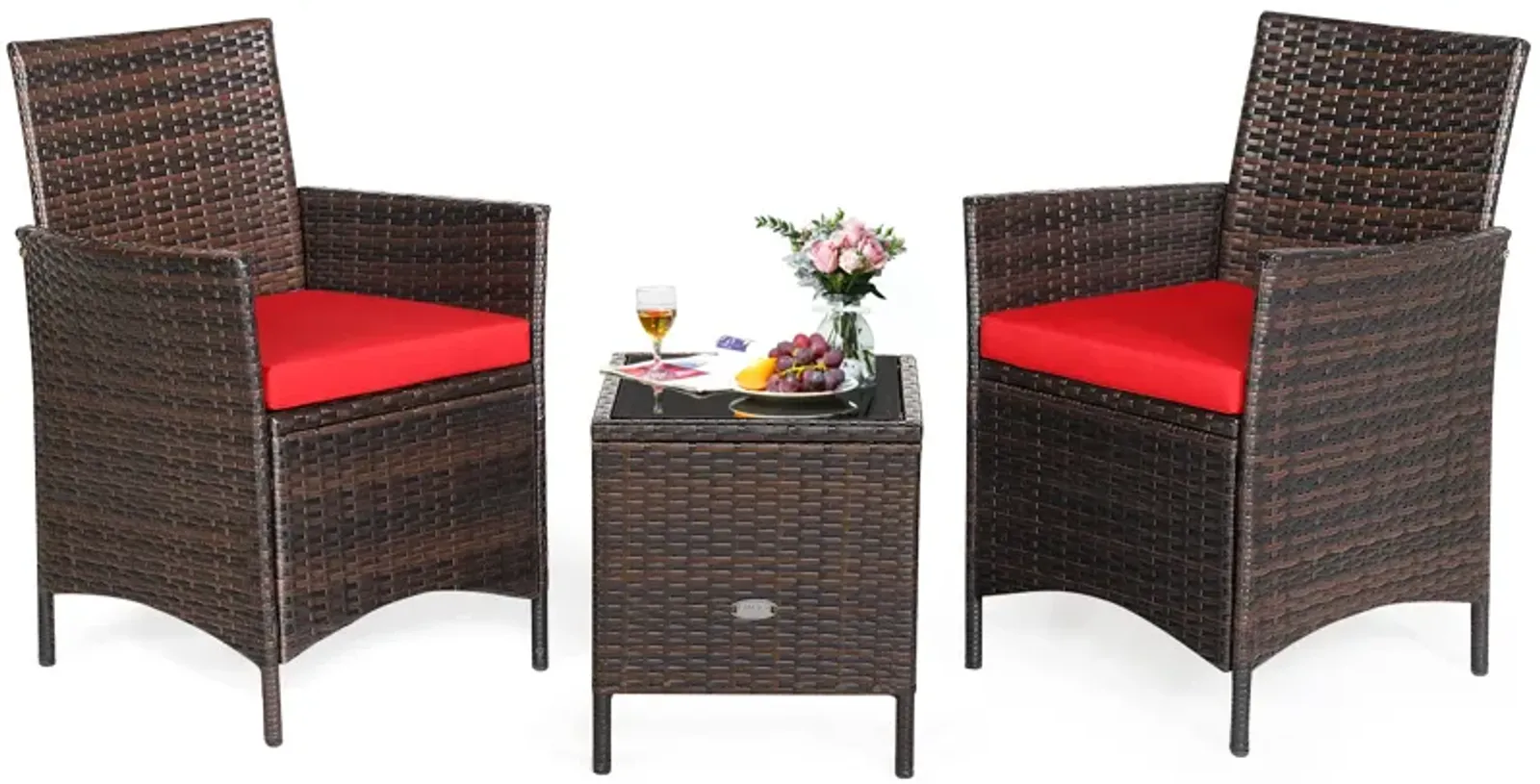 3 Pieces Patio Rattan Furniture Set Cushioned Sofa and Glass Tabletop Deck