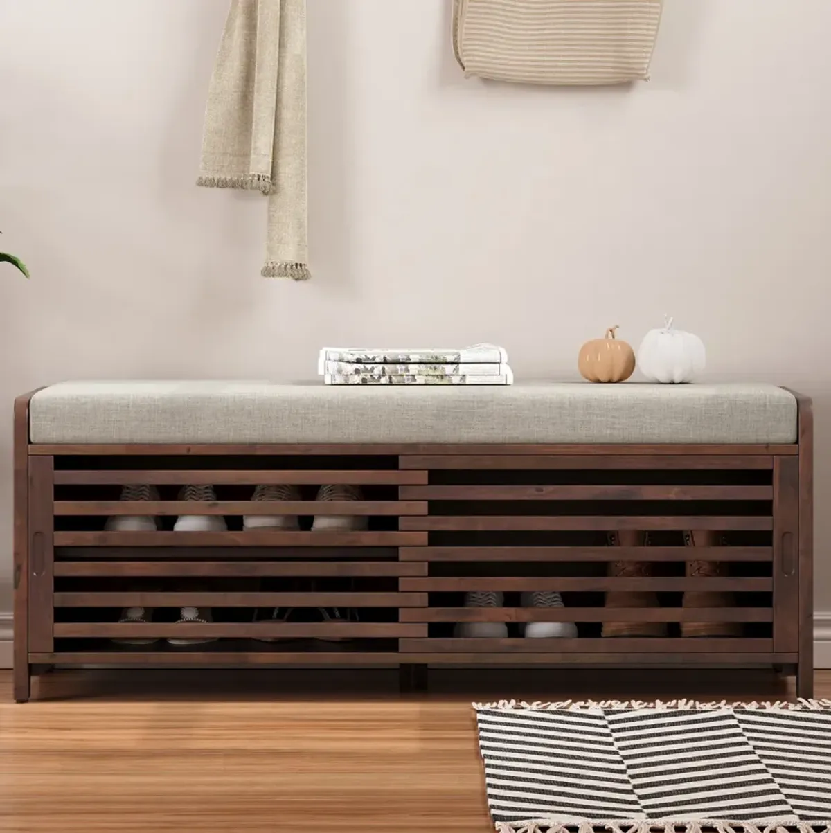 Merax Distressed Shutter Storage Bench with Acacia Veneer