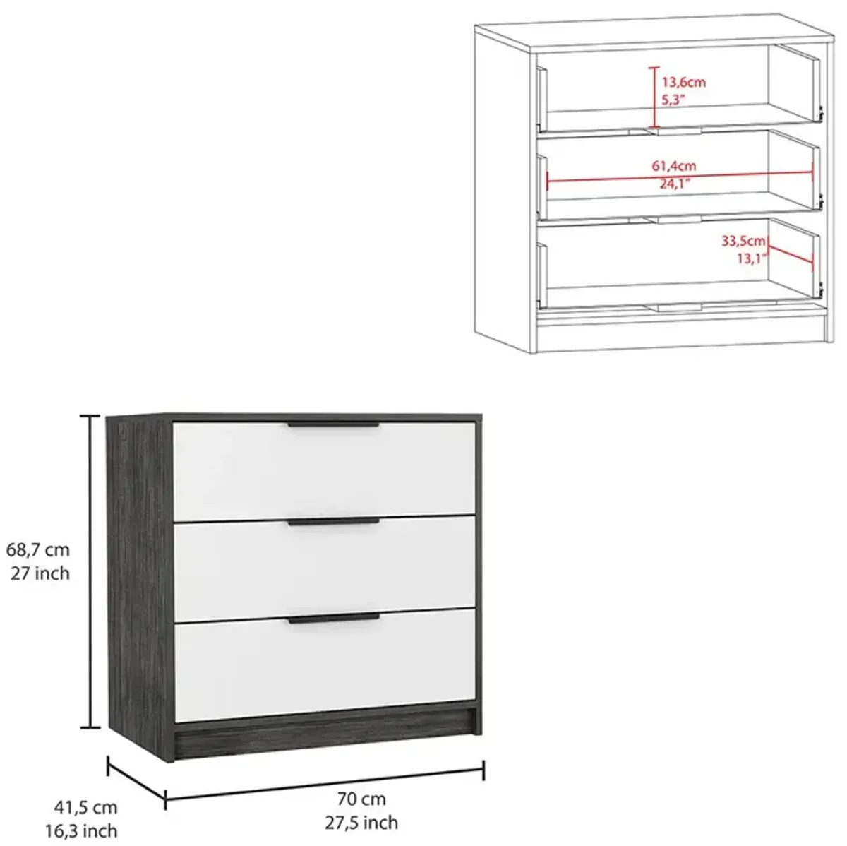 Kaia 3 Drawers Dresser, Superior Top -Smokey Oak / White