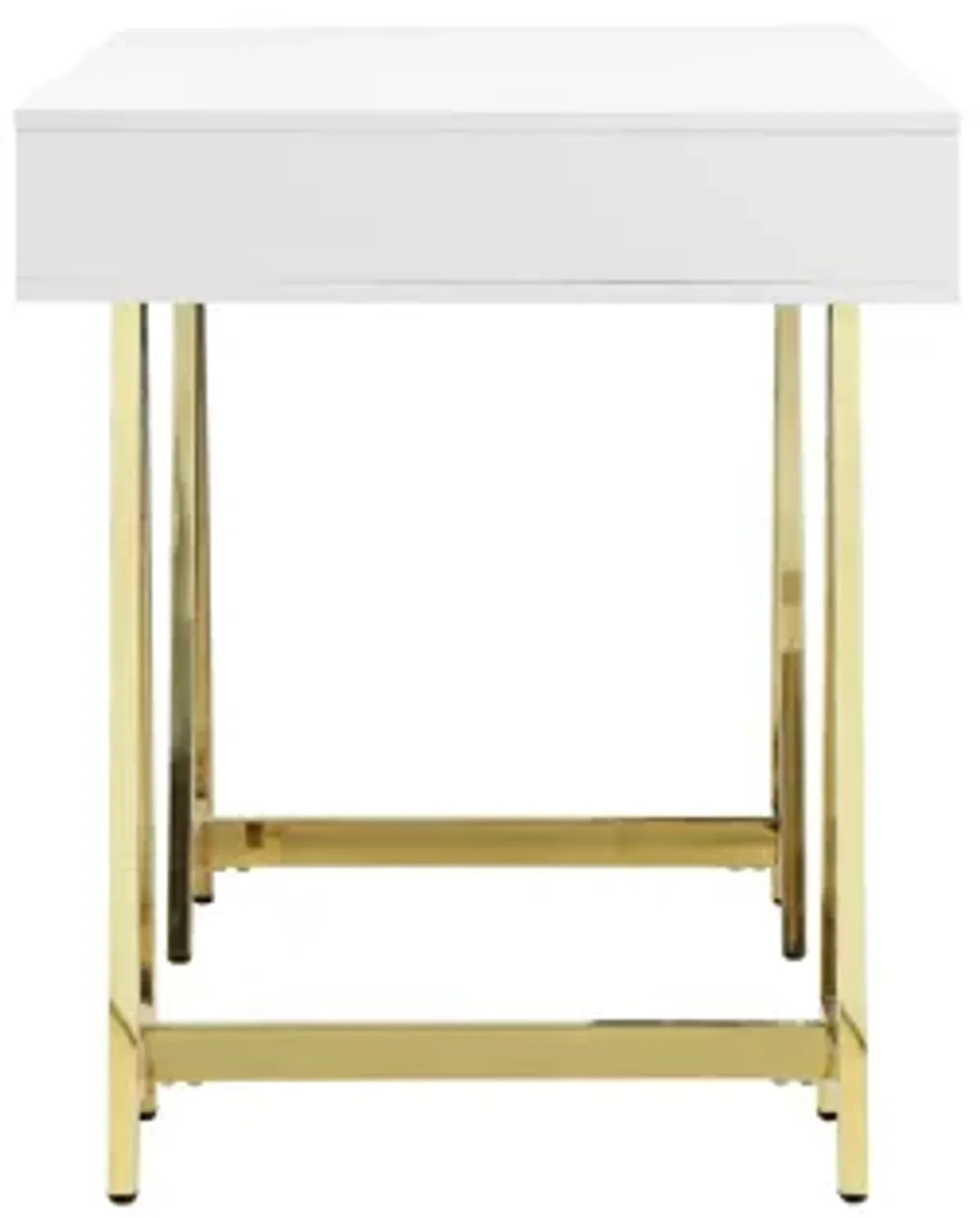 Ile 55 Inch Desk with 3 Storage Drawers, White Wood Veneer, Gold Metal - Benzara