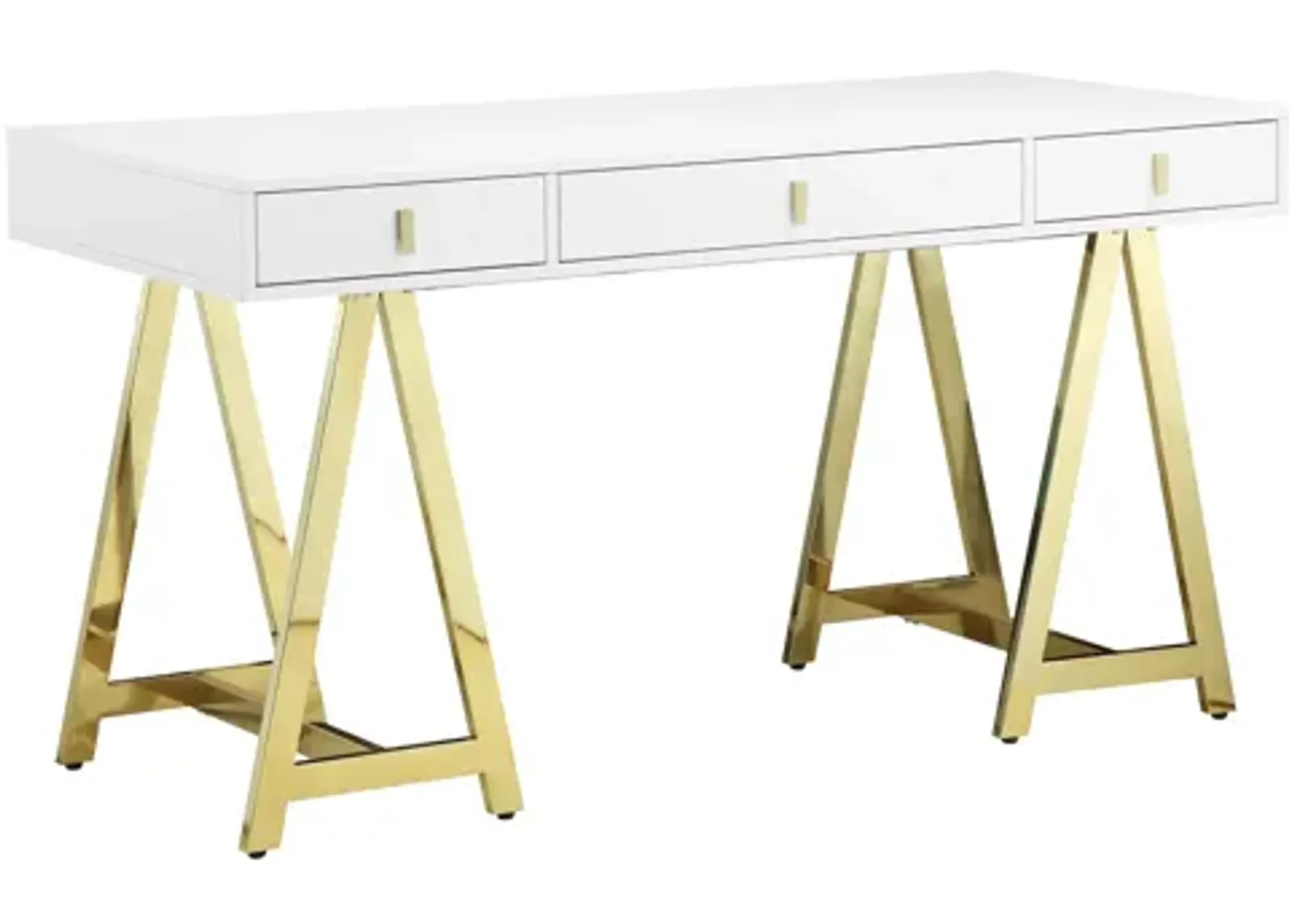 Ile 55 Inch Desk with 3 Storage Drawers, White Wood Veneer, Gold Metal - Benzara