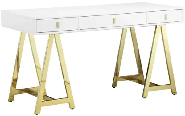 Ile 55 Inch Desk with 3 Storage Drawers, White Wood Veneer, Gold Metal - Benzara