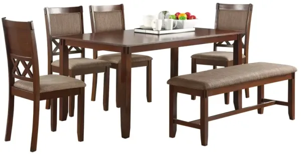 Natali 6 Piece Dining Set with Table, 4 Chairs and Bench, Foam Fill, Brown - Benzara