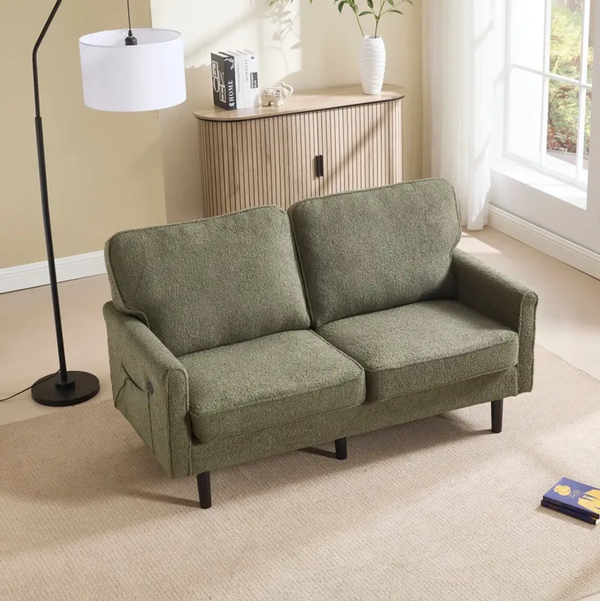 Mondawe Bouclé Loveseat Sofa, 2 Seater Small Sofa Couches with USB & Removable Pillow Cover