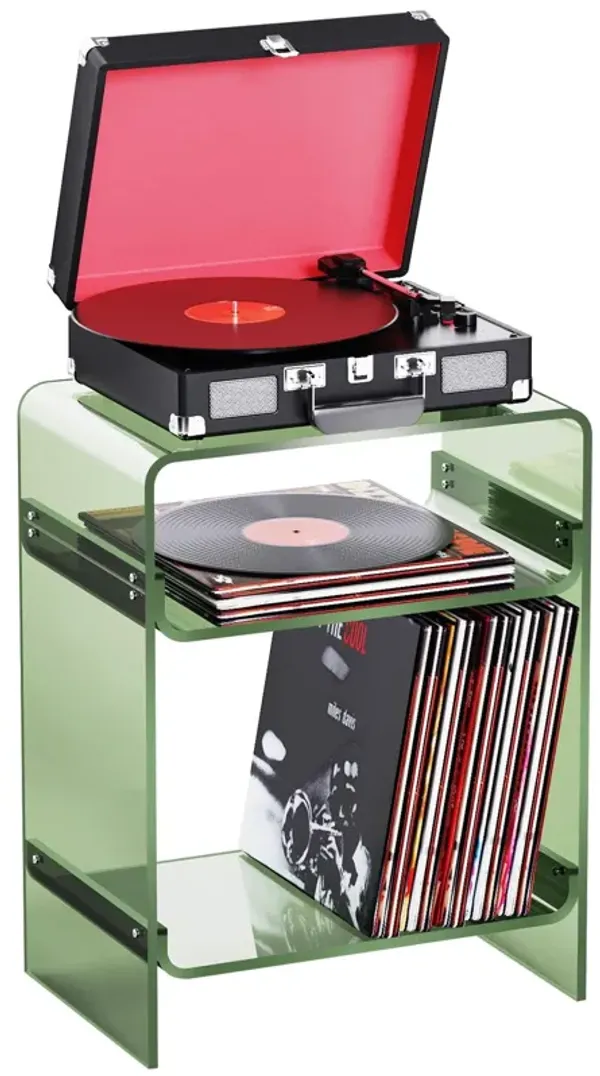 Acrylic Record Player Table with Storage Shelf, Clear Side Table Nightstand (Green)