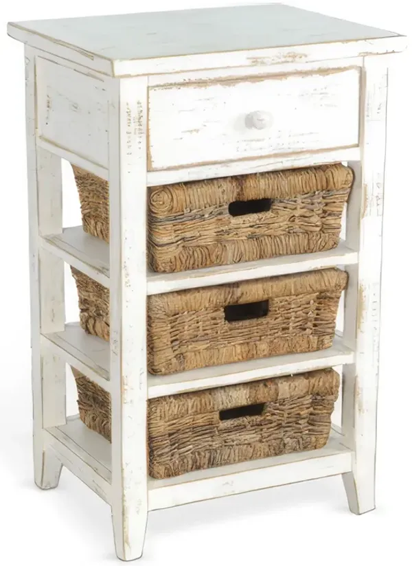 Rena End Table, 3 Natural Rattan Storage Baskets, 20 Inch White Wood - Benzara