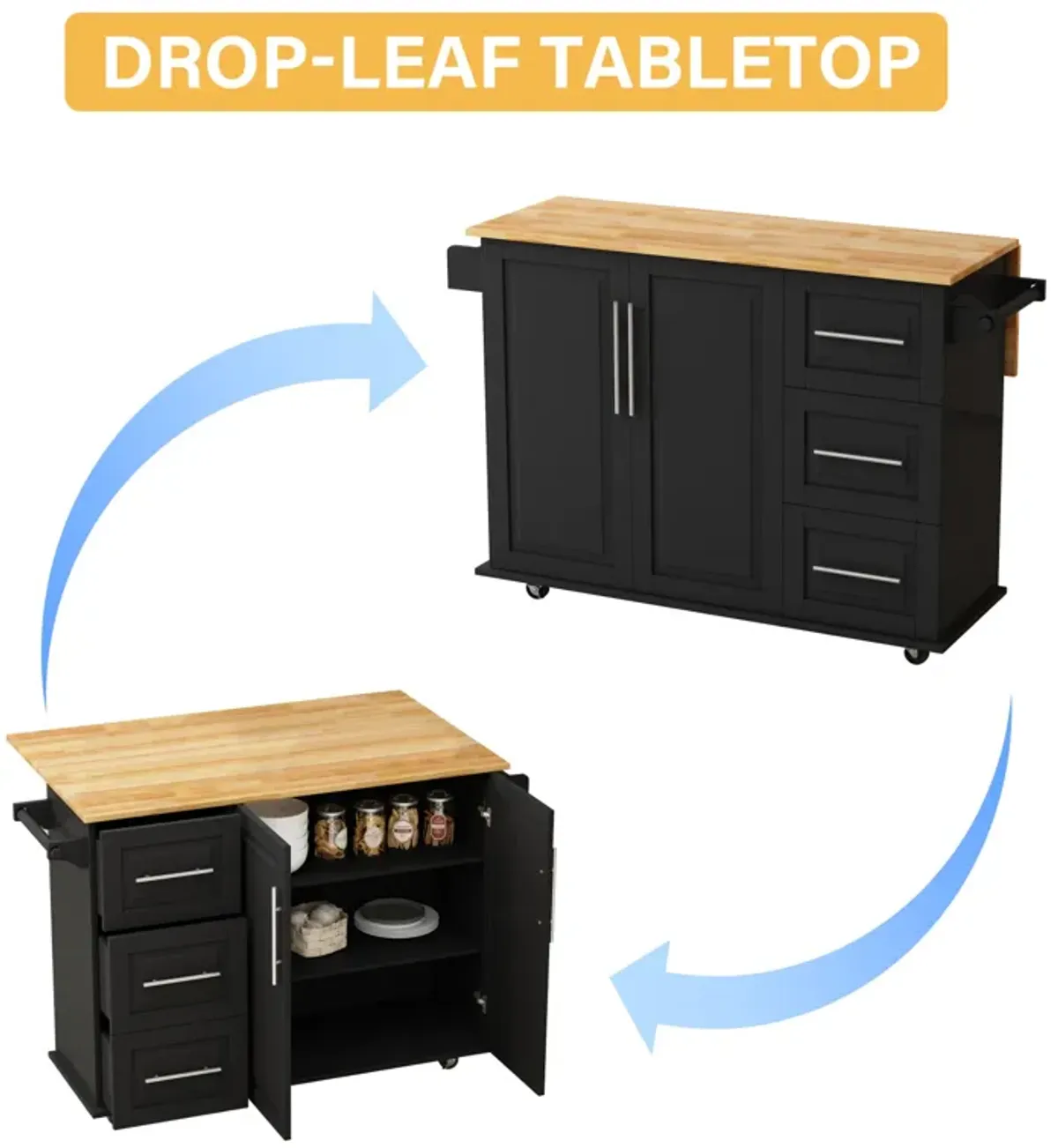 Kitchen Island Cart With 2 Door Cabinet And Three Drawers, 43.31 Inch Width With Spice Rack