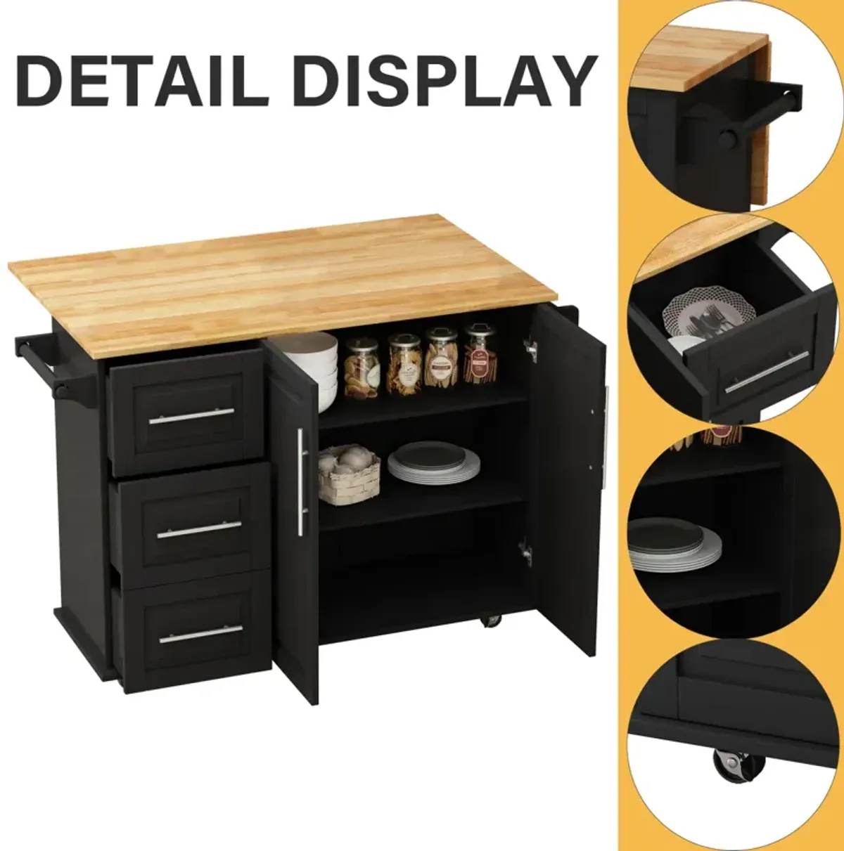 Kitchen Island Cart With 2 Door Cabinet And Three Drawers, 43.31 Inch Width With Spice Rack