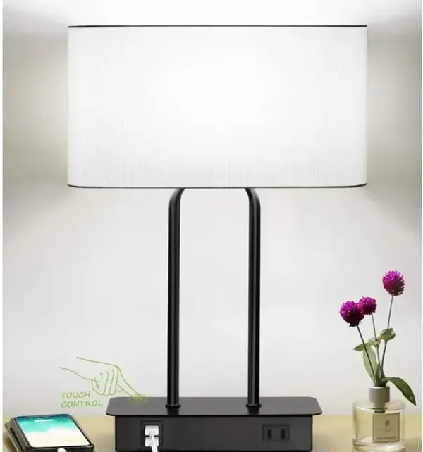 Touch Bedside Lamp – 3-Way Dimmable, USB-C/A & AC Outlet, White Shade