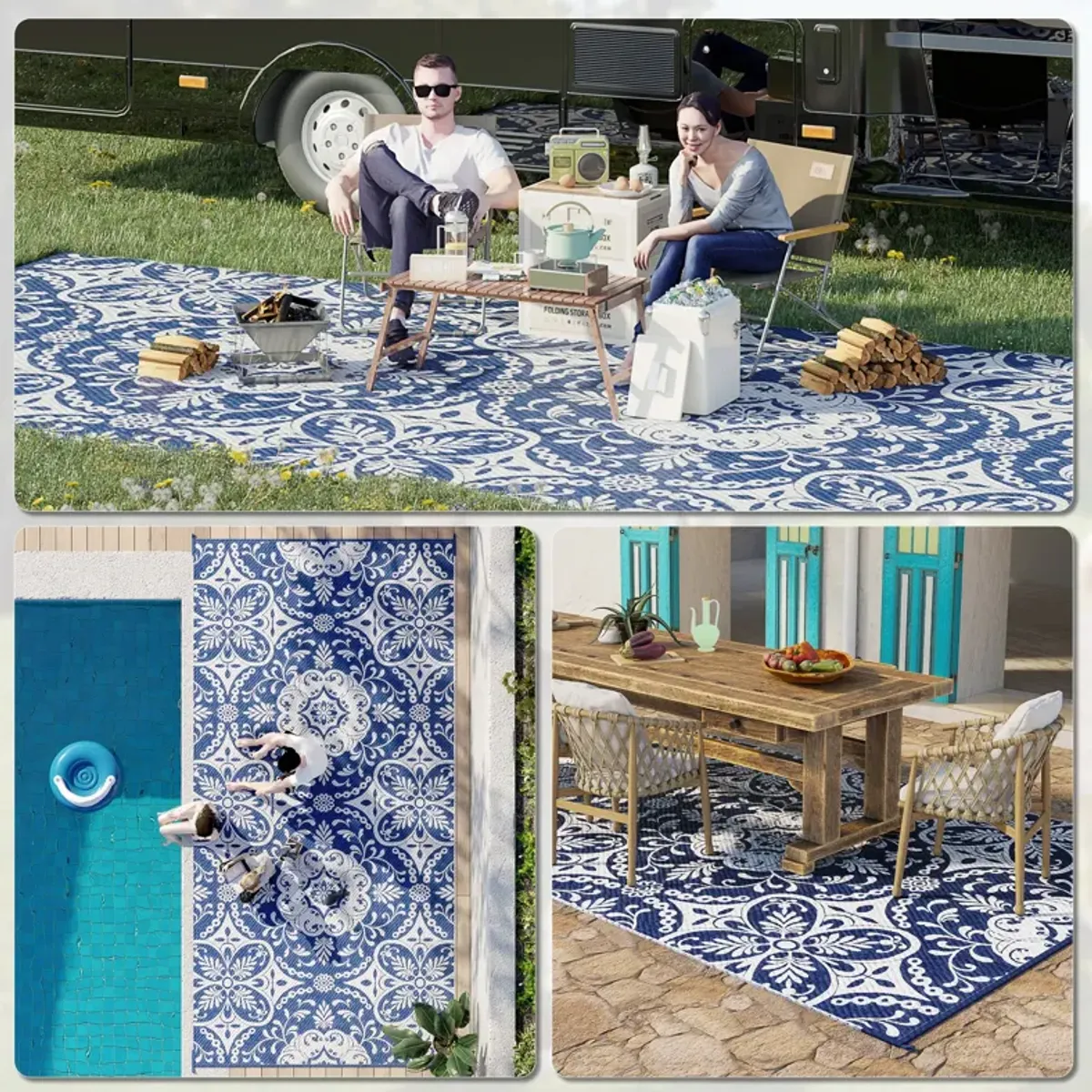 Outsunny Reversible Outdoor Rug with Carry Bag 9' x 18' Gray & White Flower